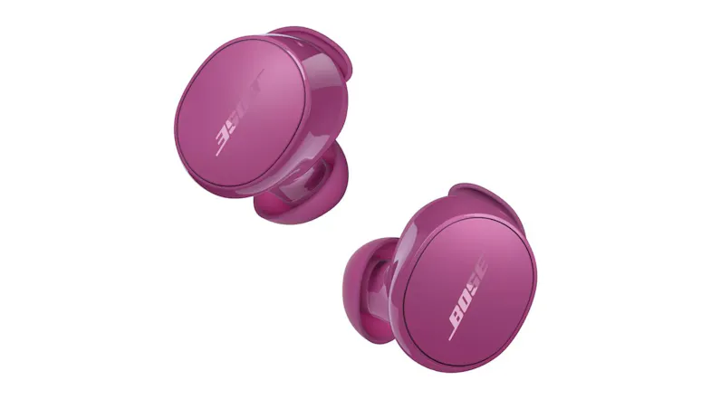 Pair of Bose QuietComfort wireless earbuds in Rosewood Mauve, shown at an angled view Pair of Bose QuietComfort wireless earbuds in Rosewood Mauve, shown at an angled view