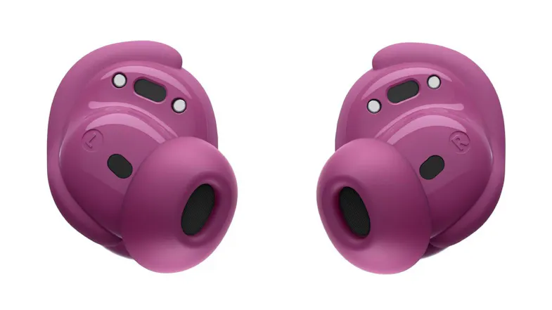 Rear view of the Rosewood Mauve Bose QuietComfort earbuds displaying the ear tips, sensors, and ergonomic fit Rear view of the Rosewood Mauve Bose QuietComfort earbuds displaying the ear tips, sensors, and ergonomic fit