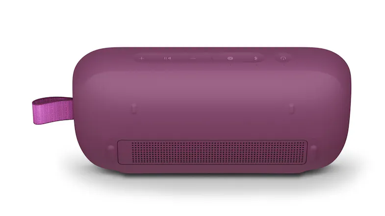 Rear view of the Bose Bluetooth speaker showing back vents and side loop Rear view of the Bose Bluetooth speaker showing back vents and side loop