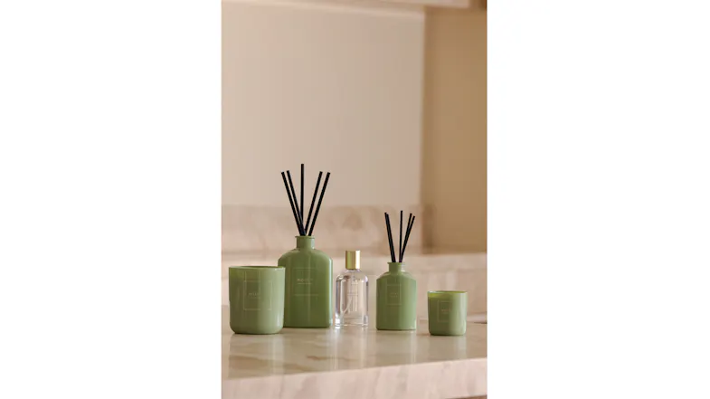 A view of the Moss St. room fragrance, scented candle, and reed diffuser products A view of the Moss St. room fragrance, scented candle, and reed diffuser products