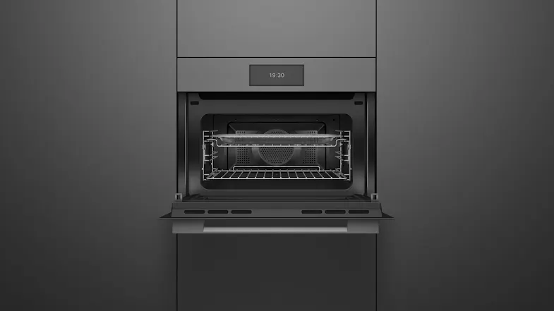 A front view of the oven with its door opened A front view of the oven with its door opened