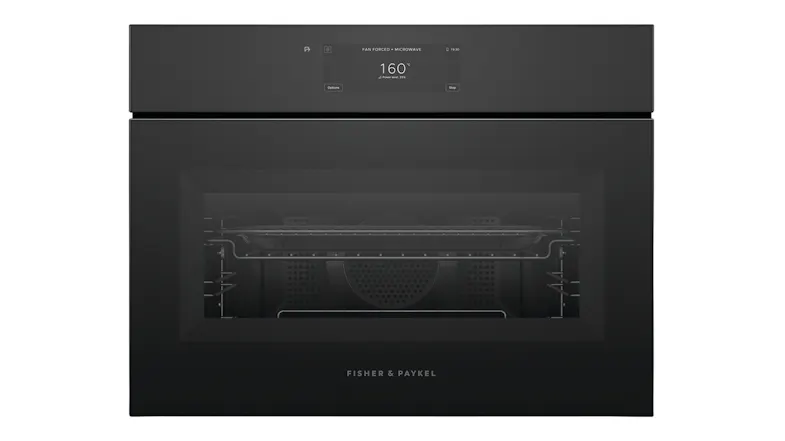 Front view of Fisher & Paykel Series 11 built-in combi-microwave in black glass with touchscreen interface Front view of Fisher & Paykel Series 11 built-in combi-microwave in black glass with touchscreen interface