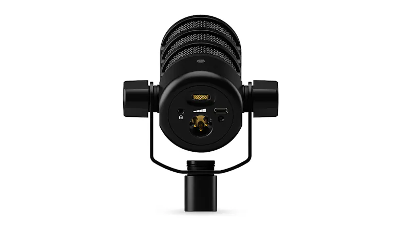 Rear view of the microphone showcasing XLR and USB connection ports Rear view of the microphone showcasing XLR and USB connection ports