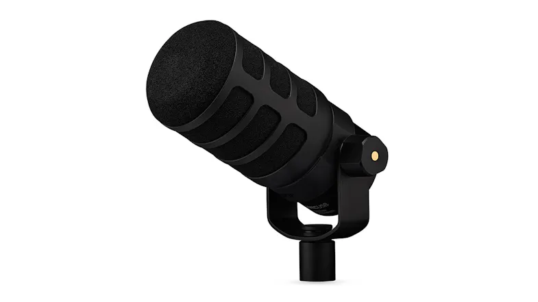 High-angle view showing the black microphone on a desktop mount High-angle view showing the black microphone on a desktop mount