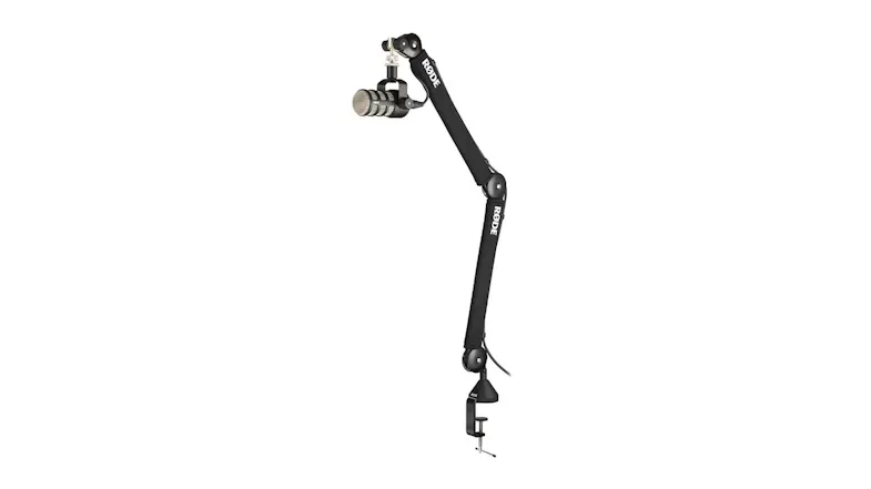Extended view showing a tall black boom arm with a microphone attached Extended view showing a tall black boom arm with a microphone attached