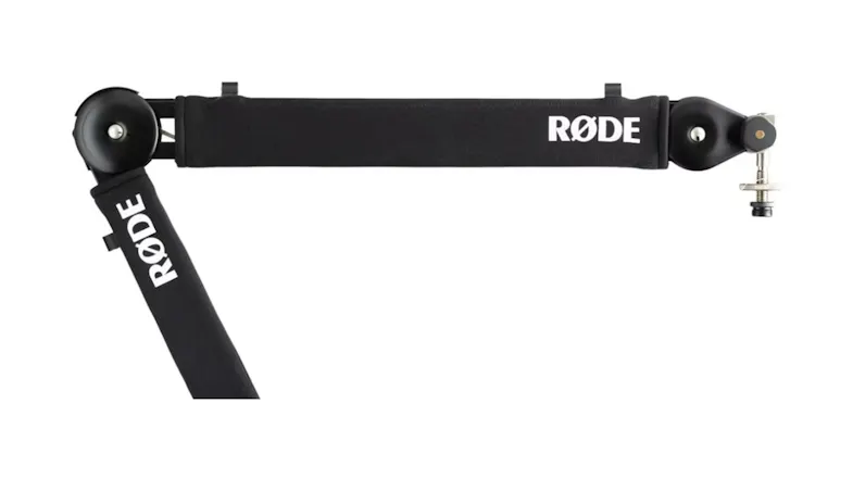 Close-up view showing the brand logo on the black boom arm section Close-up view showing the brand logo on the black boom arm section