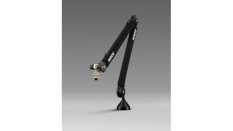 Angled view showing the boom arm mounted on a neutral studio background Angled view showing the boom arm mounted on a neutral studio background