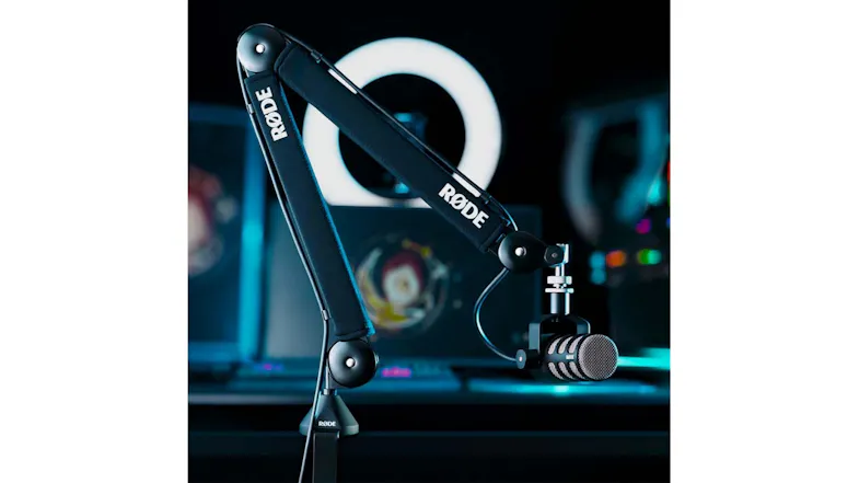 Gaming setup featuring the boom arm and microphone with LED lighting Gaming setup featuring the boom arm and microphone with LED lighting
