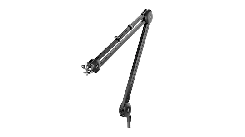 Full view of a black articulated boom arm with a desk clamp Full view of a black articulated boom arm with a desk clamp