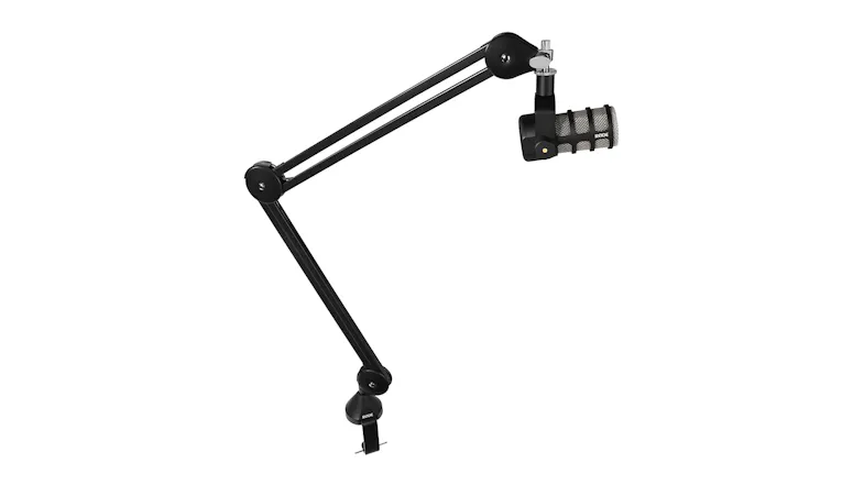 A studio boom arm featuring an attached broadcast microphone A studio boom arm featuring an attached broadcast microphone