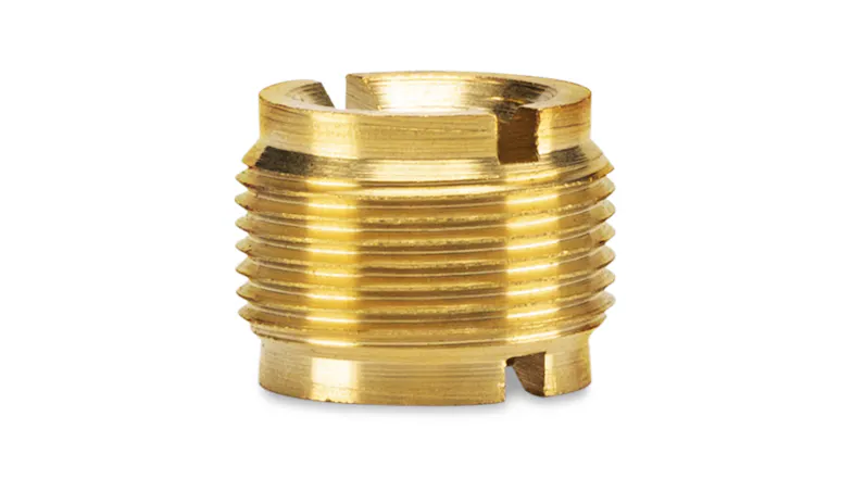 Close-up view showcasing a gold brass thread adapter insert Close-up view showcasing a gold brass thread adapter insert