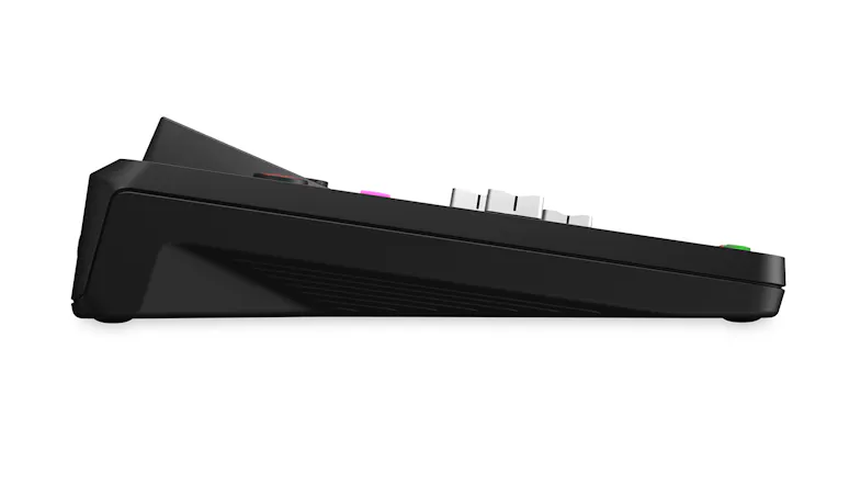 Side view showing the angled profile of the audio studio console Side view showing the angled profile of the audio studio console