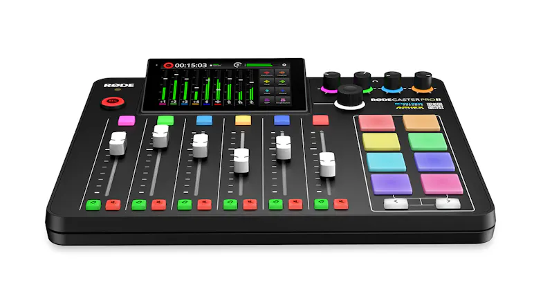 Front view of the RØDECaster Pro II highlighting the screen, knobs, and colourful pads Front view of the RØDECaster Pro II highlighting the screen, knobs, and colourful pads