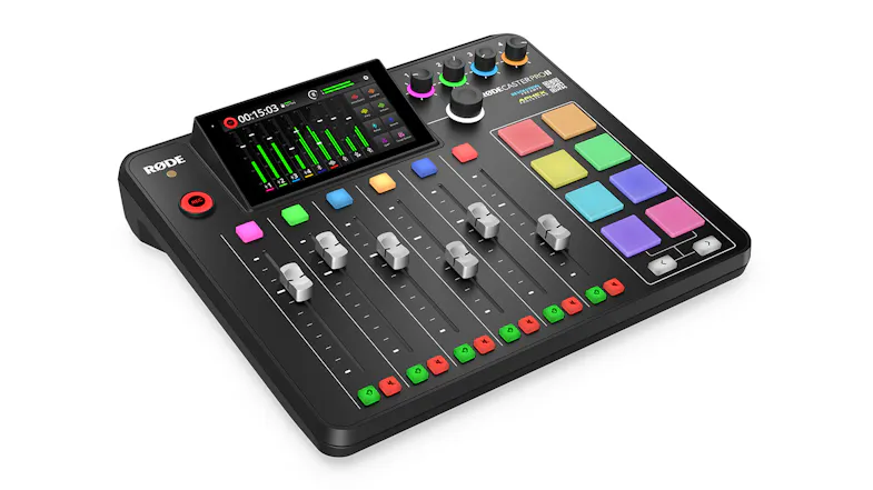 Angled view showcasing the RODE audio production studio console Angled view showcasing the RODE audio production studio console