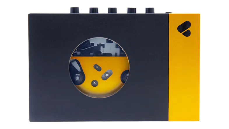 Front view of the We Are Rewind Amy Bluetooth cassette player in black and yellow Front view of the We Are Rewind Amy Bluetooth cassette player in black and yellow