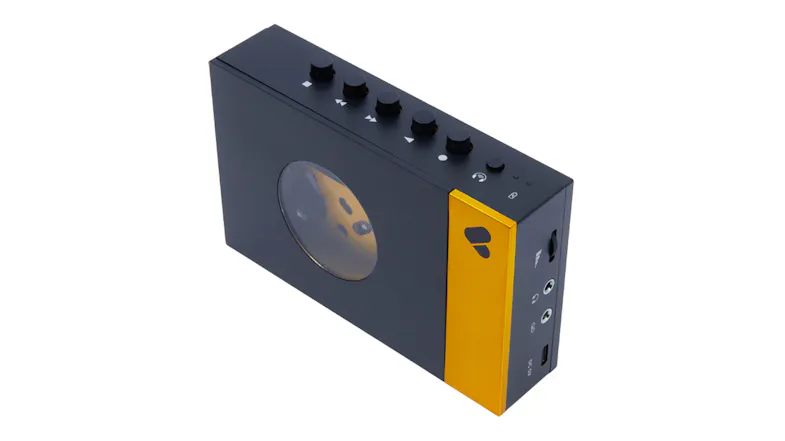 Rear angled view of the black and yellow cassette player highlighting the control buttons Rear angled view of the black and yellow cassette player highlighting the control buttons