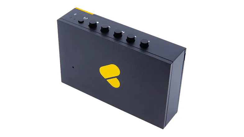 Rear perspective of the cassette player featuring the yellow We Are Rewind logo Rear perspective of the cassette player featuring the yellow We Are Rewind logo