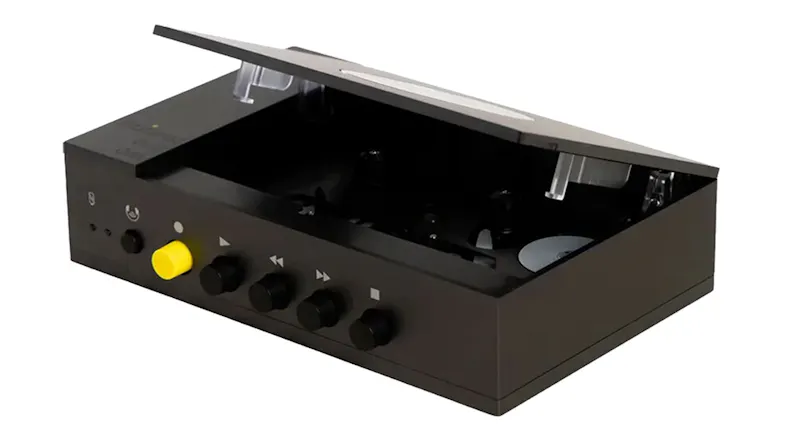 Open cassette compartment view of the We Are Rewind Keith player, displaying the tape loading mechanism Open cassette compartment view of the We Are Rewind Keith player, displaying the tape loading mechanism
