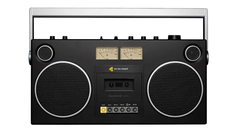 Front-facing product shot of the We Are Rewind Blaster Curtis Bluetooth boombox with integrated cassette player Front-facing product shot of the We Are Rewind Blaster Curtis Bluetooth boombox with integrated cassette player