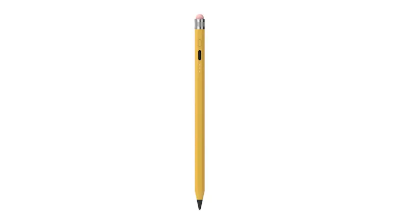 A yellow pencil-style ZAGG stylus with a black writing tip and a pink rubber eraser top A yellow pencil-style ZAGG stylus with a black writing tip and a pink rubber eraser top
