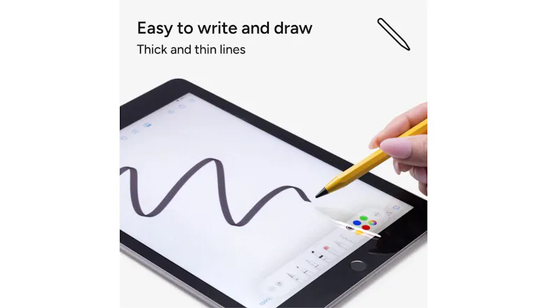 A person draws smooth, thick lines on a tablet screen using a yellow pencil-style ZAGG stylus A person draws smooth, thick lines on a tablet screen using a yellow pencil-style ZAGG stylus