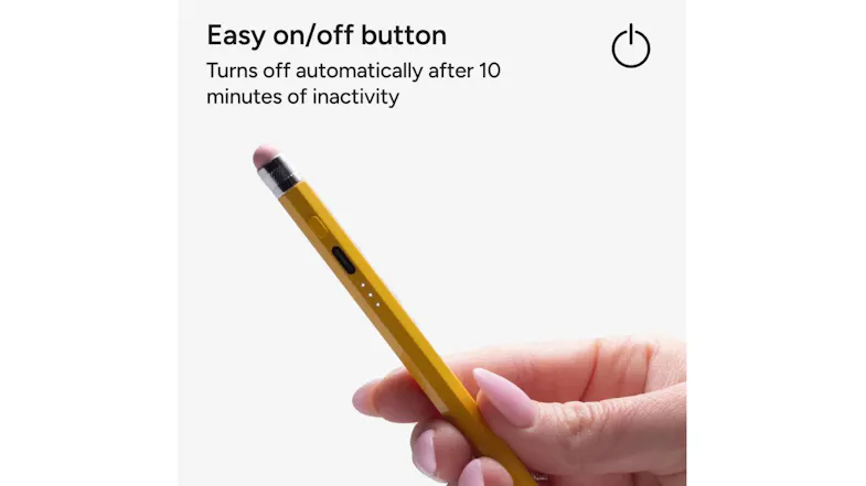 Hand holding a yellow ZAGG stylus, highlighting the power button and 10-minute auto shut-off feature Hand holding a yellow ZAGG stylus, highlighting the power button and 10-minute auto shut-off feature