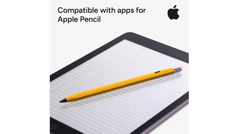 Yellow pencil-style ZAGG stylus resting on an iPad screen, highlighting Apple Pencil app compatibility Yellow pencil-style ZAGG stylus resting on an iPad screen, highlighting Apple Pencil app compatibility