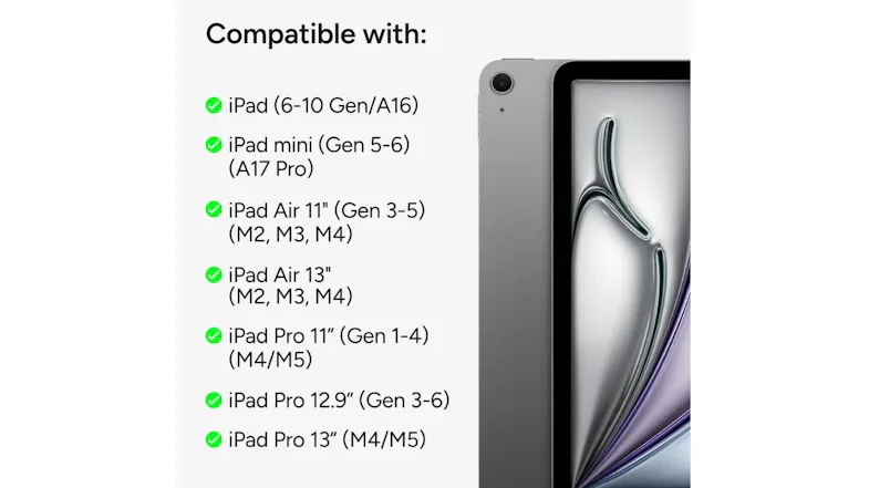 Compatibility list showing supported iPad models alongside a grey iPad Compatibility list showing supported iPad models alongside a grey iPad