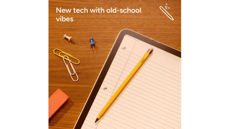 Yellow pencil-style stylus resting on a digital notebook screen surrounded by office supplies Yellow pencil-style stylus resting on a digital notebook screen surrounded by office supplies