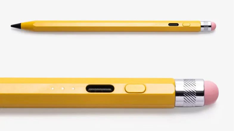 Full and close-up views of a yellow ZAGG stylus showing its USB-C port, power button, and pink cap Full and close-up views of a yellow ZAGG stylus showing its USB-C port, power button, and pink cap