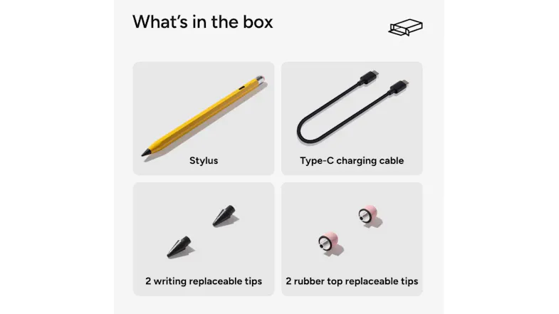 Box contents featuring a yellow stylus, Type-C charging cable, 2 extra tips, and 2 rubber tops Box contents featuring a yellow stylus, Type-C charging cable, 2 extra tips, and 2 rubber tops