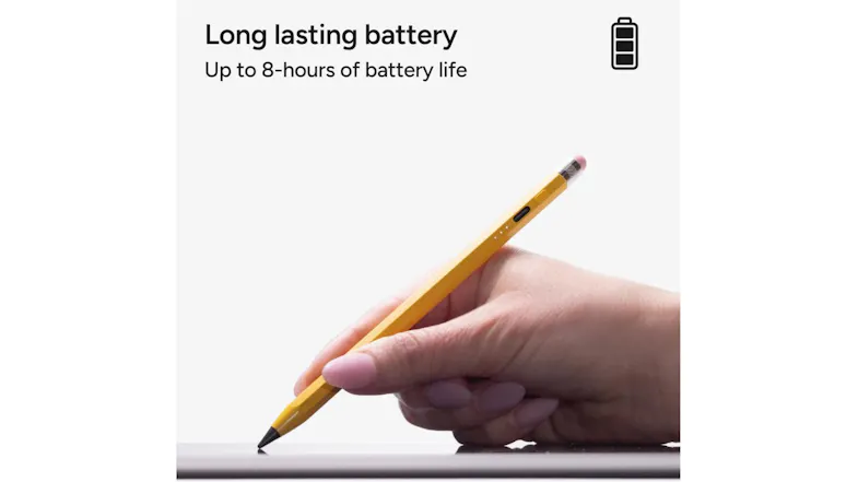 Hand holding a yellow ZAGG stylus on a tablet screen, highlighting 8 hours of battery life Hand holding a yellow ZAGG stylus on a tablet screen, highlighting 8 hours of battery life