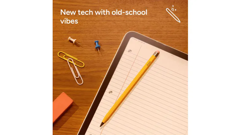 Yellow pencil-style stylus resting on a digital notebook screen surrounded by office supplies Yellow pencil-style stylus resting on a digital notebook screen surrounded by office supplies