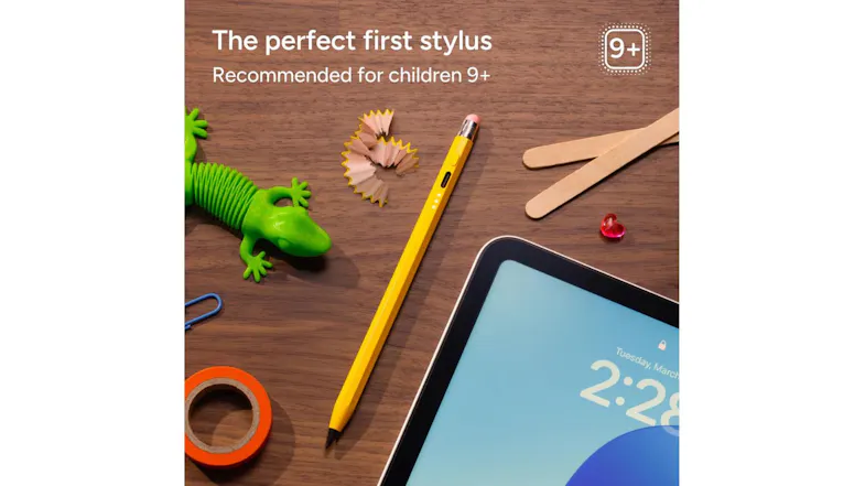 ZAGG stylus lying on a wooden desk next to a tablet, recommended for children ages 9 and up ZAGG stylus lying on a wooden desk next to a tablet, recommended for children ages 9 and up