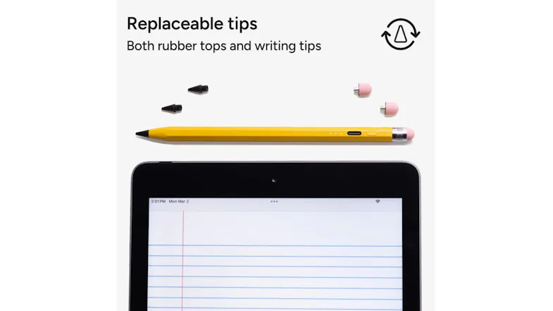 Yellow ZAGG stylus with spare replacement writing tips and rubber tops displayed above a tablet Yellow ZAGG stylus with spare replacement writing tips and rubber tops displayed above a tablet