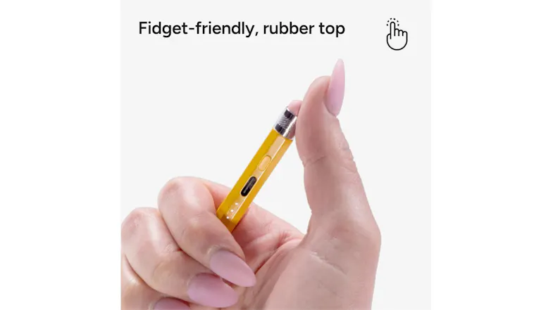 Fingers squeezing the soft, fidget-friendly pink rubber top of a yellow ZAGG stylus Fingers squeezing the soft, fidget-friendly pink rubber top of a yellow ZAGG stylus