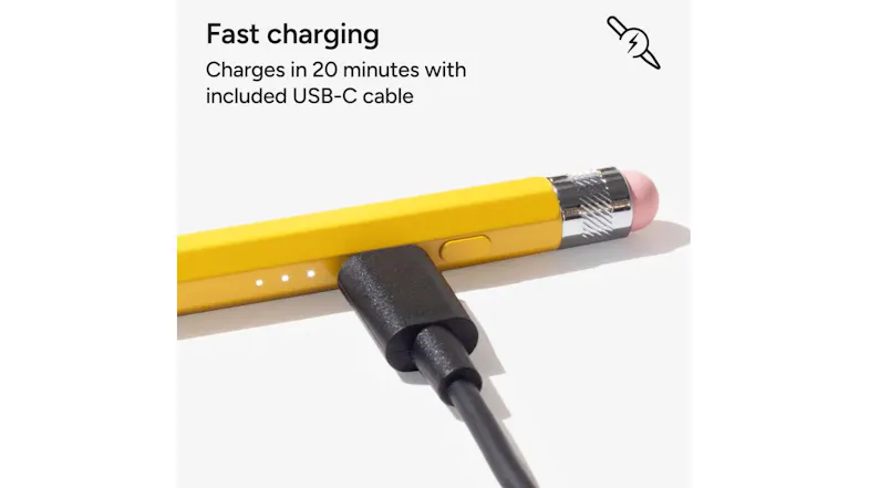 Close-up of a black USB-C cable plugged into a yellow ZAGG stylus for fast charging Close-up of a black USB-C cable plugged into a yellow ZAGG stylus for fast charging