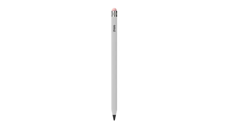 A front view of a white ZAGG stylus with a black precision tip and a pink eraser top A front view of a white ZAGG stylus with a black precision tip and a pink eraser top