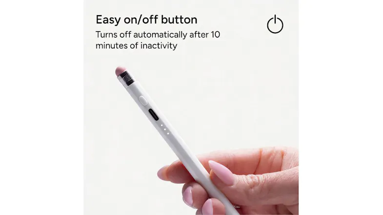 Hand holding a white ZAGG stylus next to text explaining the easy power button and 10-minute auto-off Hand holding a white ZAGG stylus next to text explaining the easy power button and 10-minute auto-off