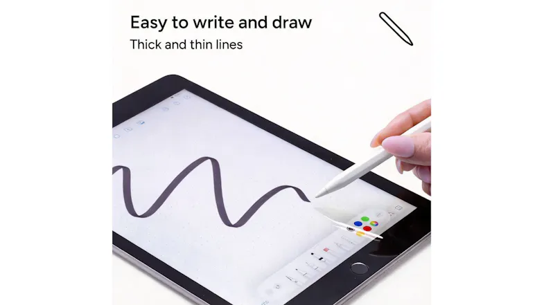 A hand using a ZAGG stylus to draw smooth thick and thin lines on an iPad screen A hand using a ZAGG stylus to draw smooth thick and thin lines on an iPad screen