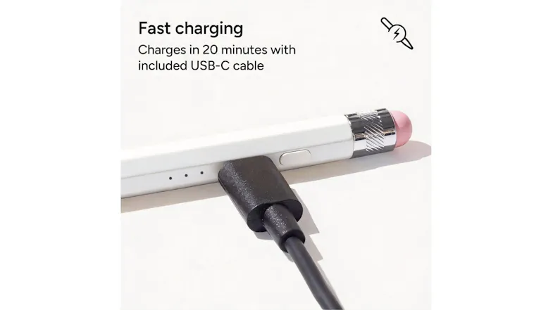 A close-up of a black USB-C cable plugged into a ZAGG stylus for fast charging A close-up of a black USB-C cable plugged into a ZAGG stylus for fast charging