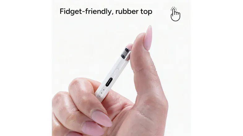 Fingers pressing down on the squishy, fidget-friendly pink rubber top of a ZAGG stylus Fingers pressing down on the squishy, fidget-friendly pink rubber top of a ZAGG stylus