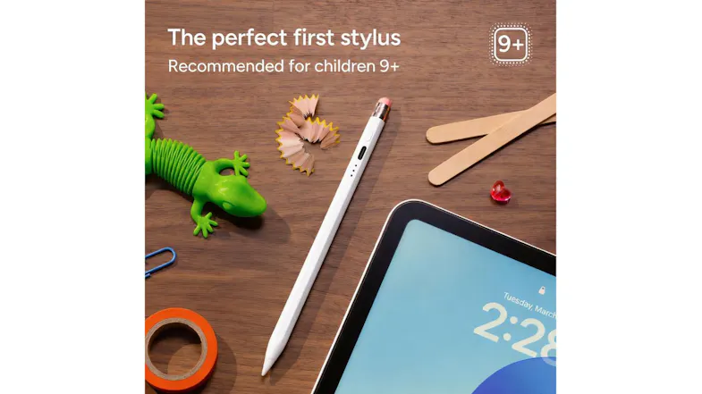 ZAGG stylus lying on a wooden desk next to school supplies and an iPad screen ZAGG stylus lying on a wooden desk next to school supplies and an iPad screen