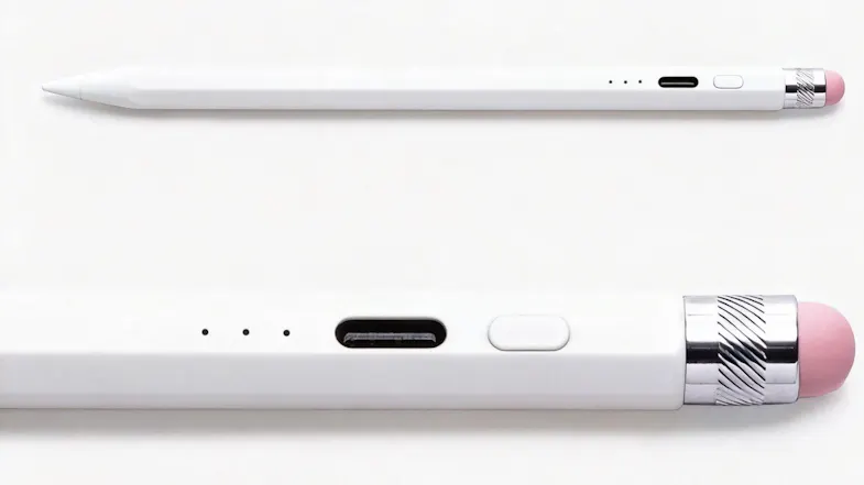 Side profiles of a ZAGG stylus highlighting its USB-C port, power button, and pink cap Side profiles of a ZAGG stylus highlighting its USB-C port, power button, and pink cap