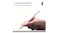 Hand holding a ZAGG stylus against an iPad screen, highlighting 8 hours of battery life Hand holding a ZAGG stylus against an iPad screen, highlighting 8 hours of battery life