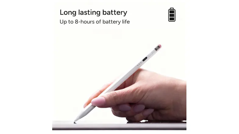 Hand holding a ZAGG stylus against an iPad screen, highlighting 8 hours of battery life Hand holding a ZAGG stylus against an iPad screen, highlighting 8 hours of battery life