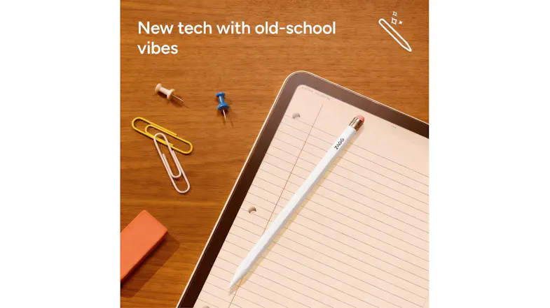 White ZAGG pencil-style stylus resting on a lined digital notepad on an iPad White ZAGG pencil-style stylus resting on a lined digital notepad on an iPad