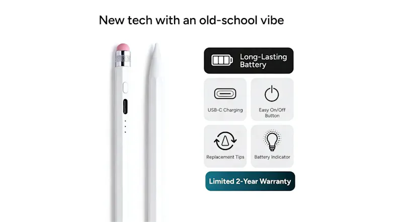 ZAGG stylus featured alongside icons for battery, USB-C charging, and 2-year warranty ZAGG stylus featured alongside icons for battery, USB-C charging, and 2-year warranty