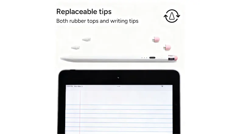 A white stylus shown above spare replacement writing tips and pink rubber tops next to an iPad A white stylus shown above spare replacement writing tips and pink rubber tops next to an iPad