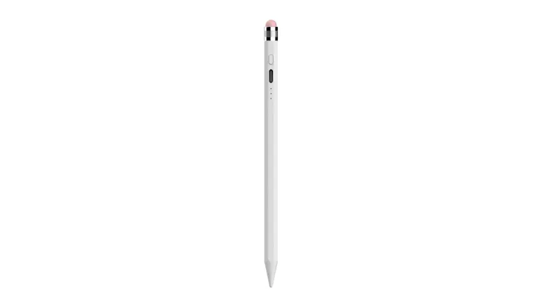 Side view of a white ZAGG stylus showing a power button, USB-C port, battery LED indicators, and pink eraser Side view of a white ZAGG stylus showing a power button, USB-C port, battery LED indicators, and pink eraser